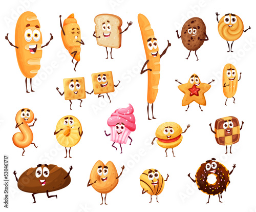 Bread, pastry and confectionery cartoon funny characters, vector bakery. Smiling bread loaf and pastry bagel, cookie and chocolate donut, toast, crackers, baguette and cupcake with biscuit, croissant