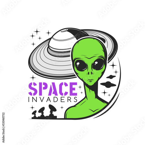 Space invaders icon with green alien creature and flying saucer starship. Space exploration and research vector emblem. Sci-Fi sticker with humanoid alien with green skin and radio telescopes
