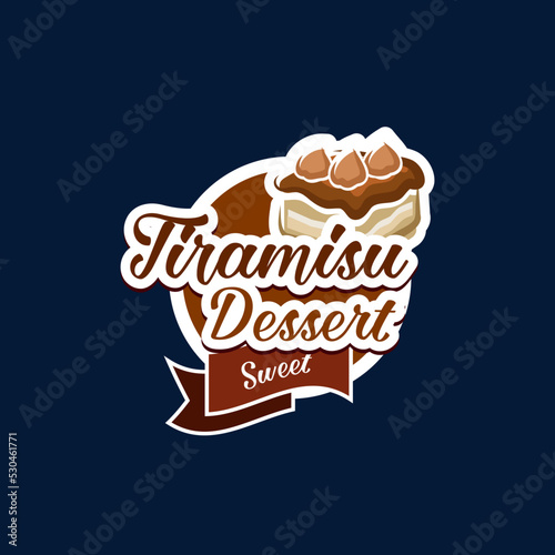 Tiramisu dessert icon. Sweet dessert confectionery or cafe menu vector round icon or sign. Pastry shop emblem or symbol with tiramisu italian cheese dessert decorated chocolate or cocoa cream