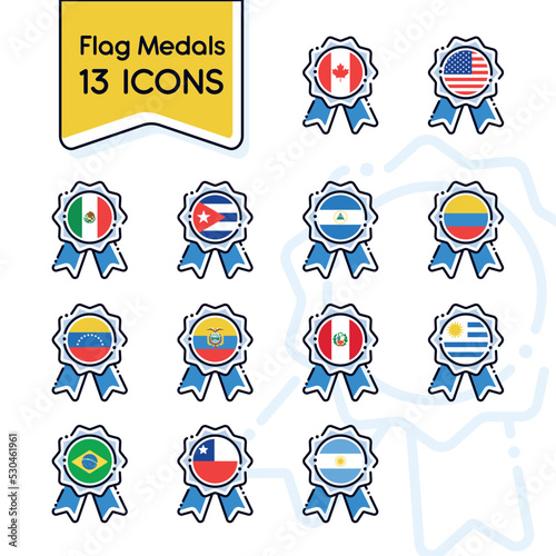 Set of silk medal icons with different flags Vector