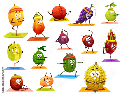 Cartoon isolated fruit characters on yoga, pilates fitness sport. Melon, mango and grape, guava, carambola and bergamot, orange, kiwi and lychee, orange, durian and pitaya doing exercises on yoga mat