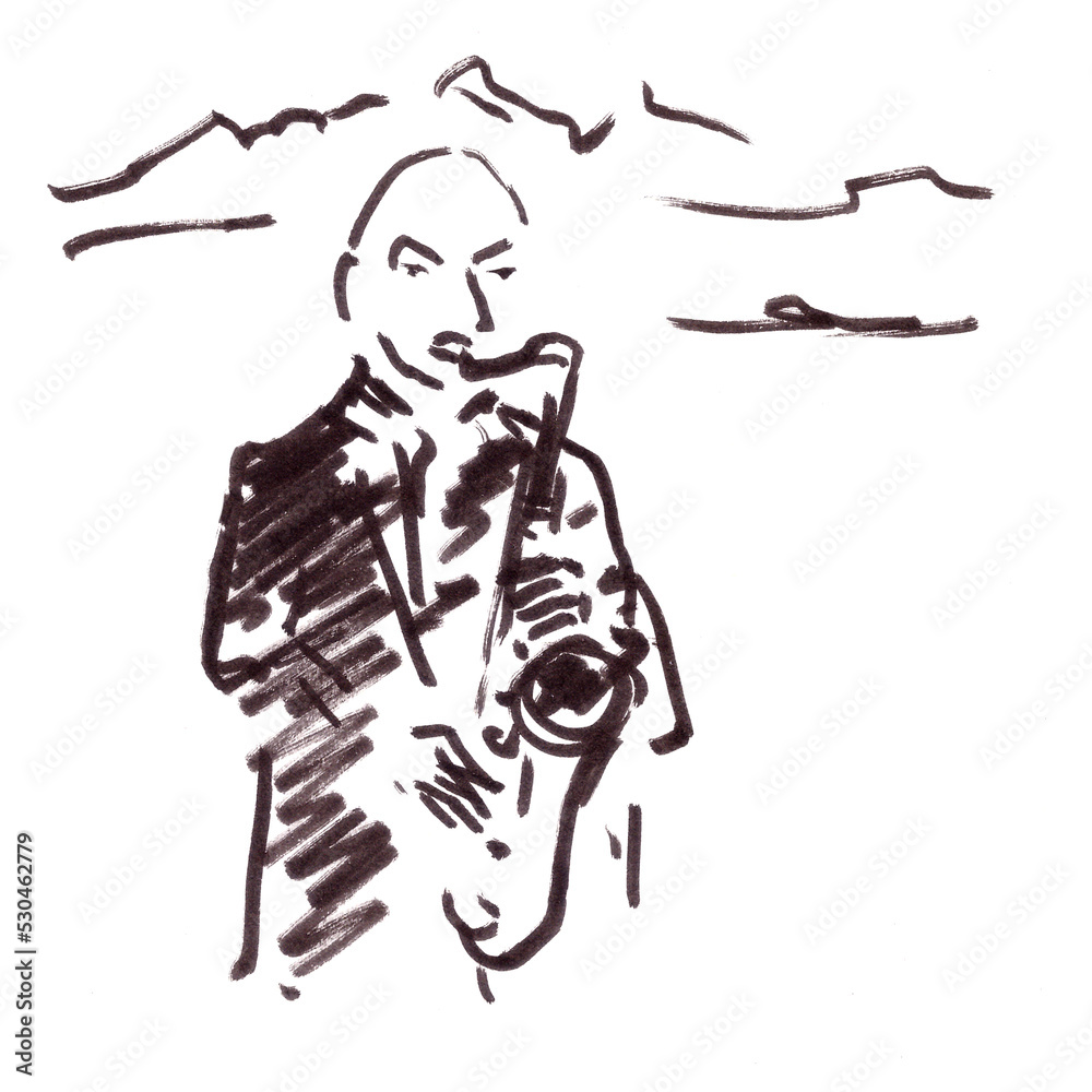Fototapeta premium saxophonist on the background of mountains, graphic black and white drawing