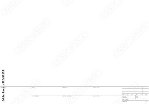 2D drawing title block on white background. Used to standardize submission of project drawings. Project information is placed at the bottom of the drawing horizontally. 