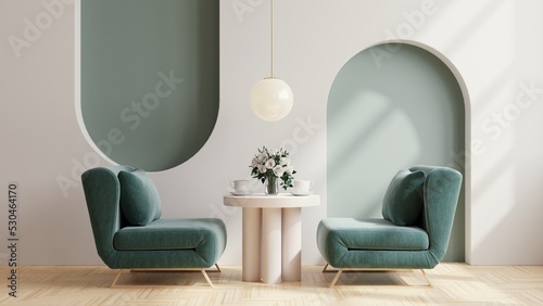 Dining room in a coffee shop on two tone wall background. photo