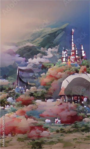 Vector illustration of a village under the mountain