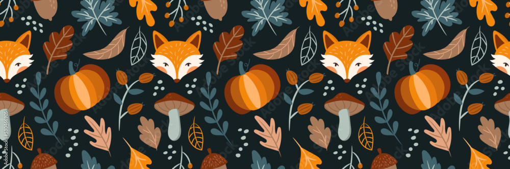 Seamless long cozy autumn pattern with fox, pumpkin, mushrooms, leaves. Seamless long cozy autumn pattern with fox, pumpkin, mushrooms, leaves.
