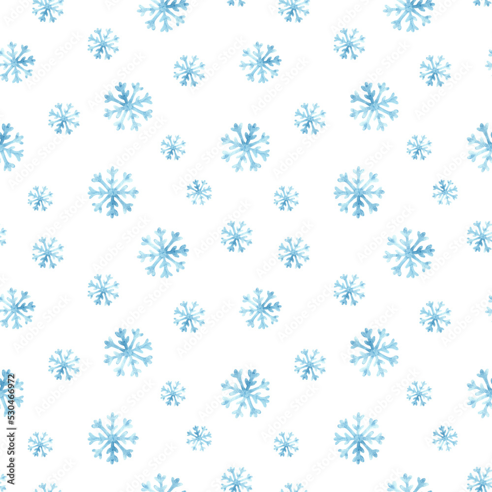 Watercolor seamless pattern with blue snowflakes on a white background, winter pattern