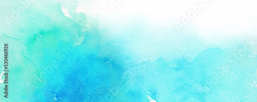 Fotografia, Obraz コピースペースのある爽やかな水色と青緑色の水面の風景イラスト　透明水彩の背景イラスト　海　波