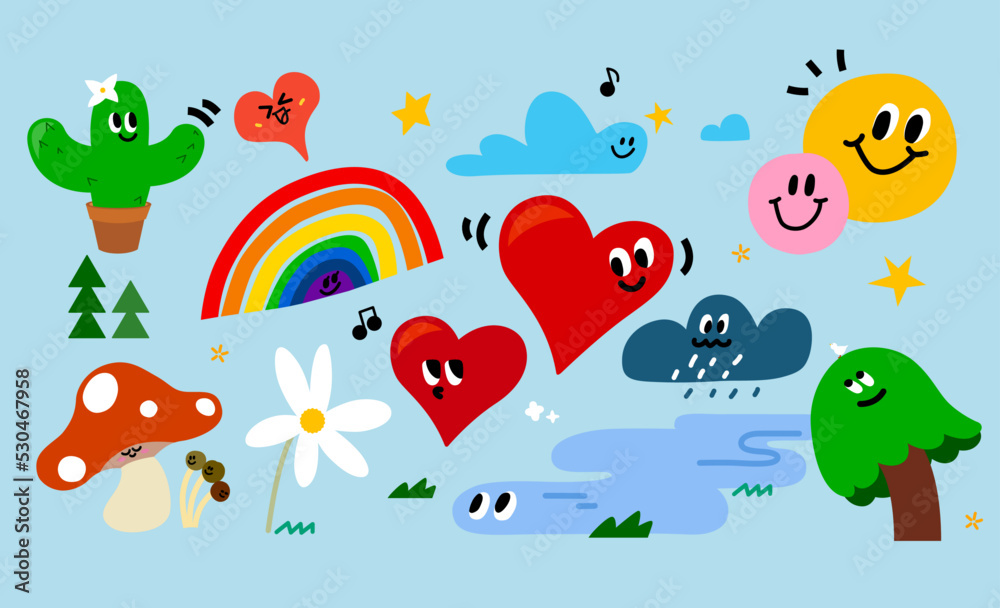 Hand drawn flat trendy cartoon element collection