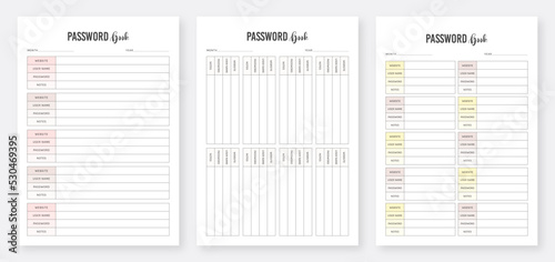 Password Log Book Template Set. Password Tracker Template. Printable Password Book Design Layout. Password Planner Design Template.  Security Log Template Design.