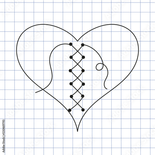 Dibujo de corazón cocido por el medio con fondo de cuaderno de cuadricula