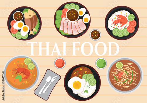 Traditional Thailand Food Template Cartoon Hand Drawn Illustration Various of Thai Cuisine Design