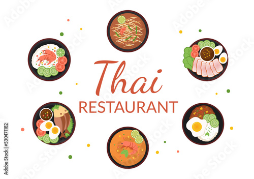 Traditional Thailand Food Template Cartoon Hand Drawn Illustration Various of Thai Cuisine Design