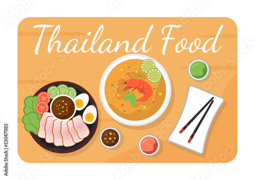 Traditional Thailand Food Template Cartoon Hand Drawn Illustration Various of Thai Cuisine Design
