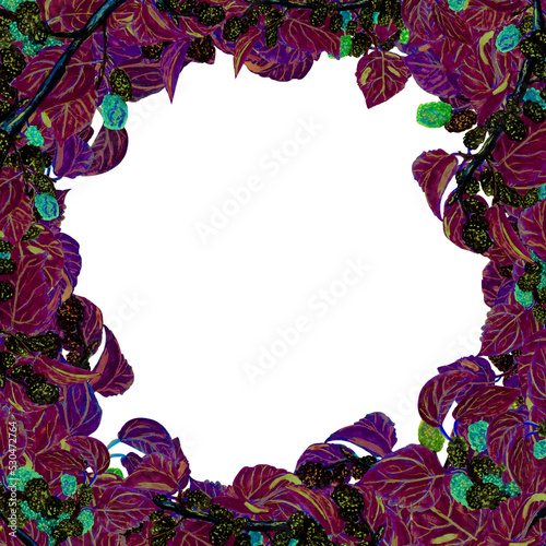 Watercolor frame of sweet mulberries, red leaves on a branch, for your design	
