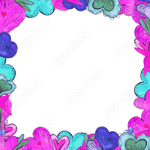 frame square colorful hearts of different shapes, valentines for lovers, romantic illustration isolated