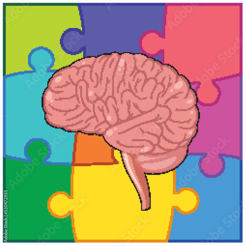 Human brain with jigsaw puzzle background