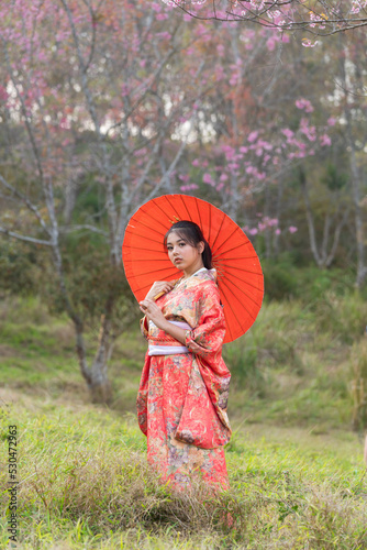 A young woman wearing a kimono in a mountain with cherry blossoms. A girl in a traditional kimono holding a red umbrella in Kyoto.