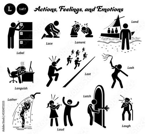 Stick figure human people man action, feelings, and emotions icons alphabet L. Label, lace, lament, land, languish, last, lash, lather, laud, latch, and laugh.