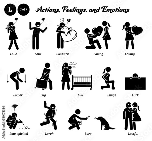 Stick figure human people man action, feelings, and emotions icons alphabet L. Love, lovesick, loving, lower, lug, lull, lunge, lurk, low-spirited, lurch, lure, and lustful.