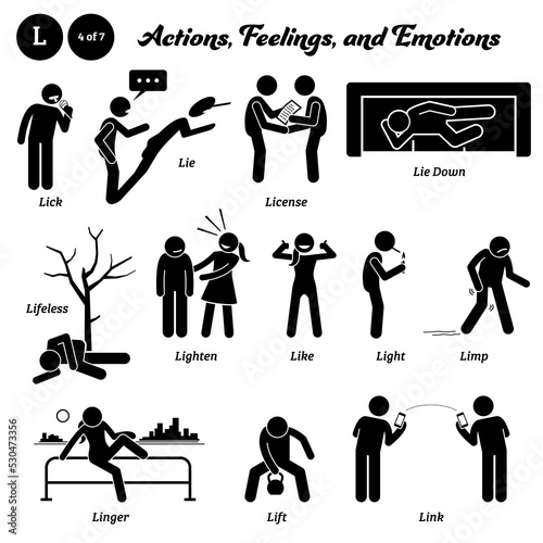 Stick figure human people man action, feelings, and emotions icons alphabet L. Lick, lie, license, lie down, lifeless, lighten, like, light, limp, linger, lift, and link.
