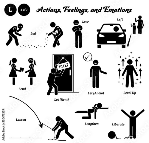 Stick figure human people man action, feelings, and emotions icons alphabet L. Led, leer, left, lend, let, rent, allow, level up, lessen, lengthen, and liberate.