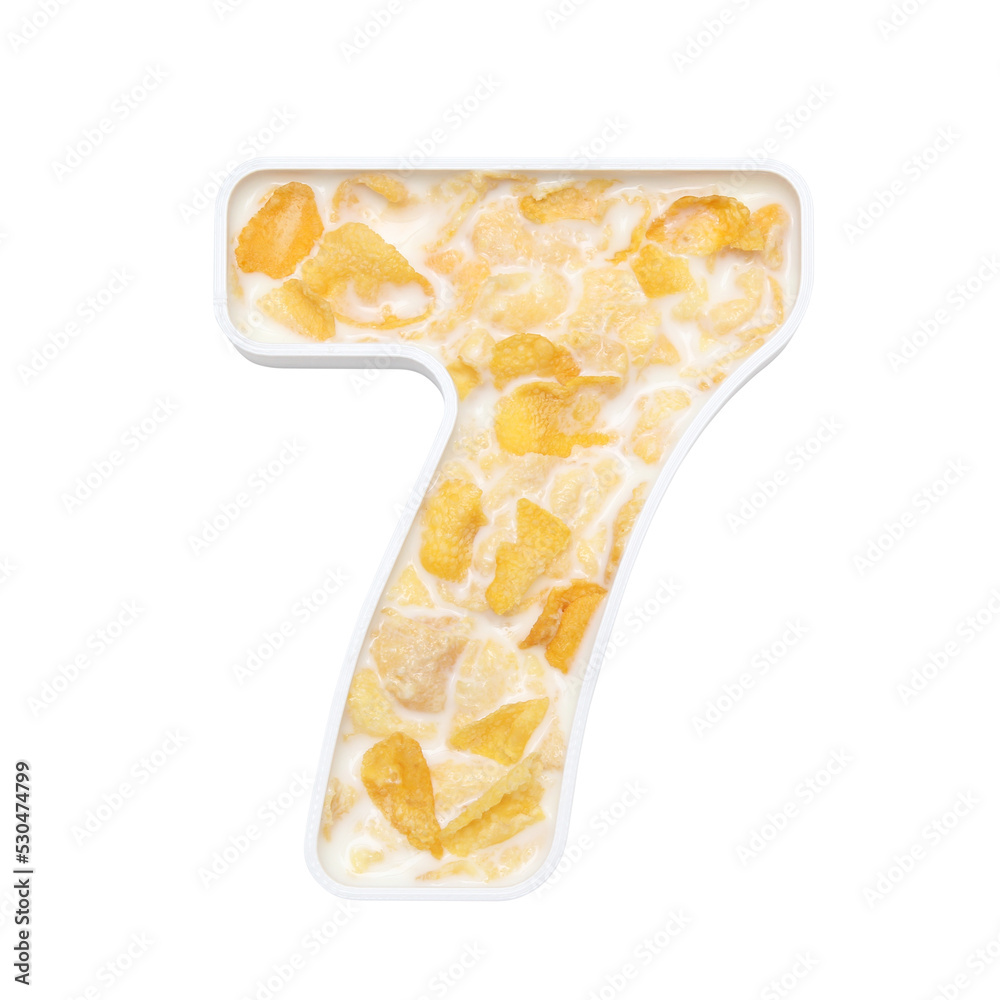 Fototapeta premium cornflakes cereal with milk in number plate