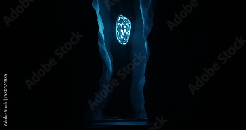 abstract background using sci fi environment illustration in vertical cave and there are blue colored lights, water surface, 3d rendering and 4K size