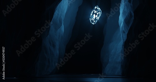 abstract background using sci fi environment illustration in diagonal cave and there are blue colored lights, water surface, 3d rendering and 4K size