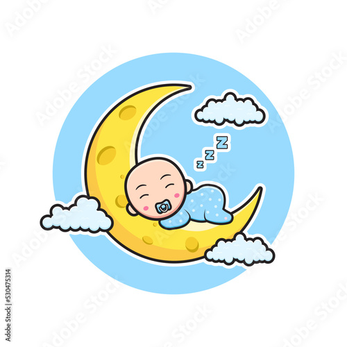 Cute baby sleeping on the moon cartoon icon illustration