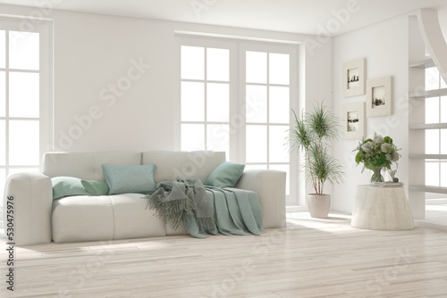 Soft color living room with sofa. Scandinavian interior design. 3D illustration