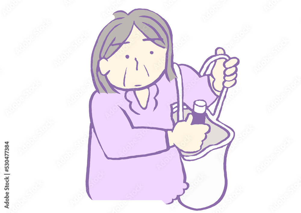 前頭側頭型認知症 ピック病 脱抑制により万引きする高齢女性のイラスト 前頭側頭型認知症 ピック病 脱抑制により万引きする高齢女性のイラスト