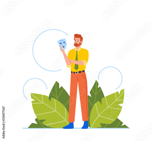 Fake Feelings and Relationships Concept. Business Male Character Hide Real Emotions Under Mask. Man Put Mask at Work
