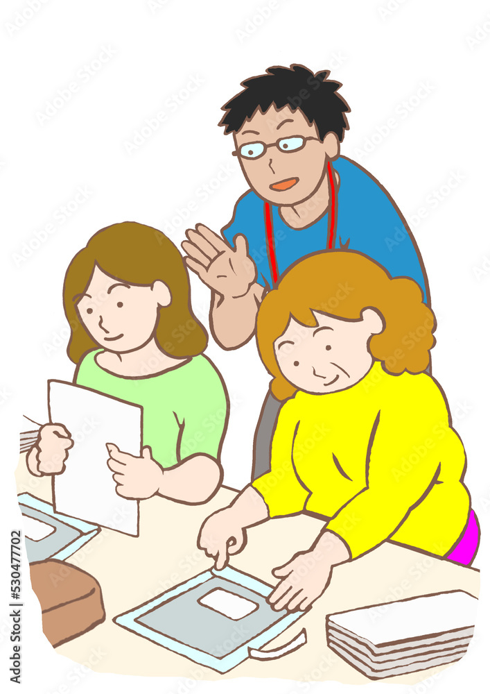 就労支援施設で作業をする精神障害のある利用者と男性スタッフのイラスト 就労支援施設で作業をする精神障害のある利用者と男性スタッフのイラスト