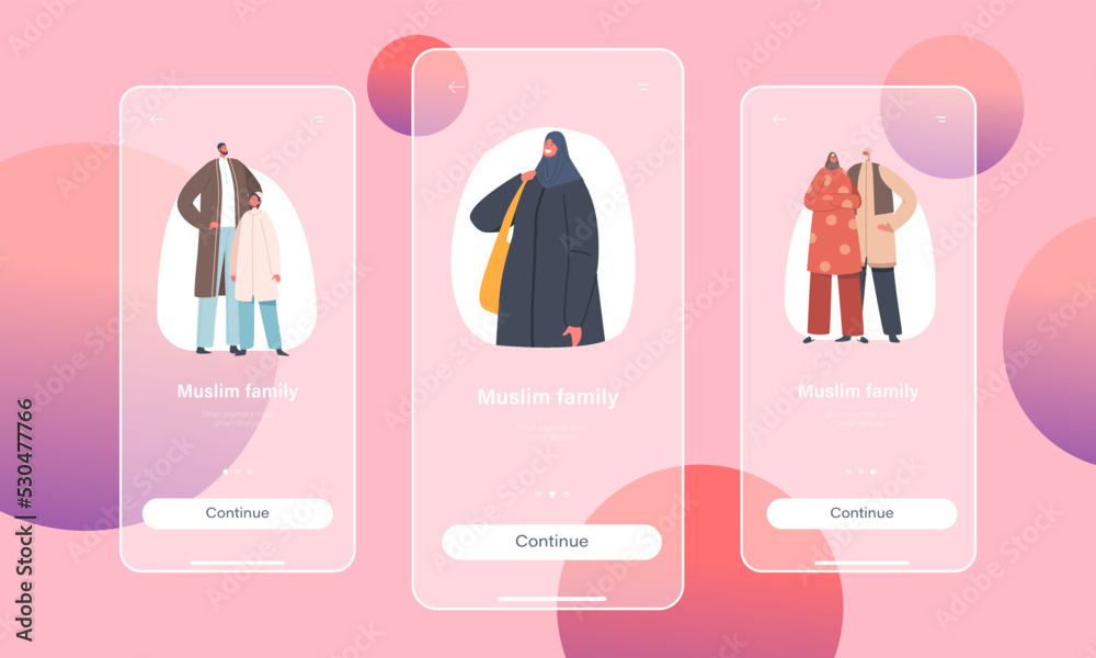 Muslim Family Mobile App Page Onboard Screen Template. Traditional Arab Parents, Grandparents and Children Characters Muslim Family Mobile App Page Onboard Screen Template. Traditional Arab Parents, Grandparents and Children Characters