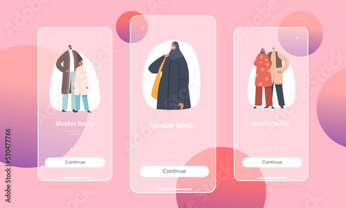 Muslim Family Mobile App Page Onboard Screen Template. Traditional Arab Parents, Grandparents and Children Characters