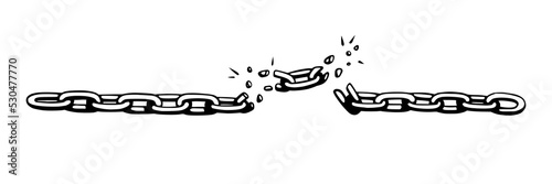 Broken chain with shatters as symbol of strength and freedom. Sketch of metal chains. Vector illustration isolated in white background