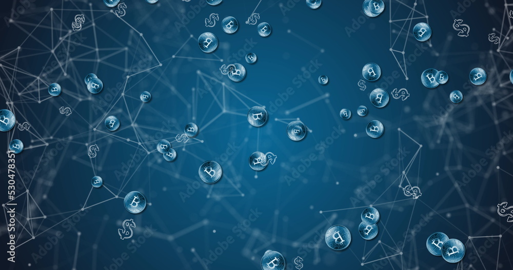 American dollar symbol and bitcoin symbols moving against network of connections American dollar symbol and bitcoin symbols moving against network of connections