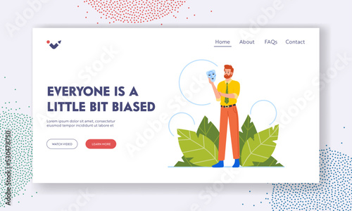 Fake Feelings Concept for Landing Page Template. Business Male Character Hide Real Emotions Under Mask, Bias Man