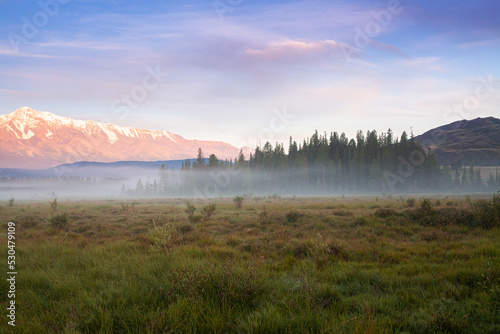 Steppe against the backdrop of mountains at dawn