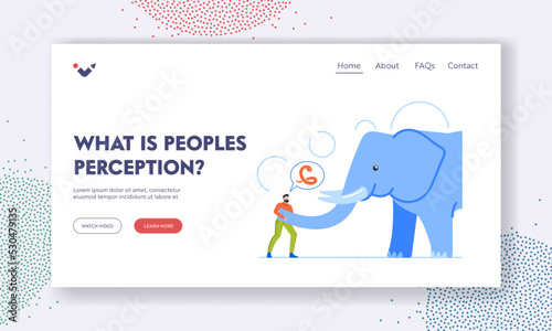 Blindfolded Character Perceptions Landing Page Template. Blind Man Touch An Elephant. Impressions, Ideas, Opinions