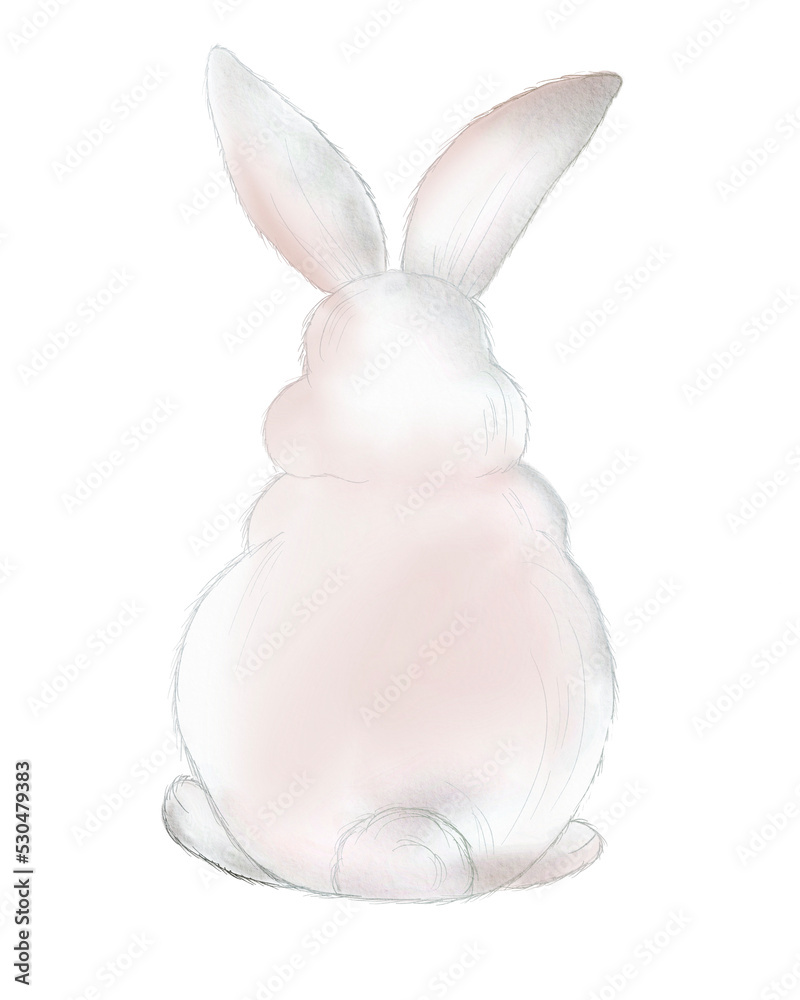 white rabbit watercolor art pet drawing, isolated fluffy hare mammal sketch illustration, adorable furry bunny for happy gift set easter decoration creativity graphic - obrazy, fototapety, plakaty 
