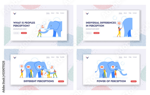 Different Perceptions Landing Page Template Set. Blindfolded People Touching Elephant Parts. Blind Characters Viewpoints