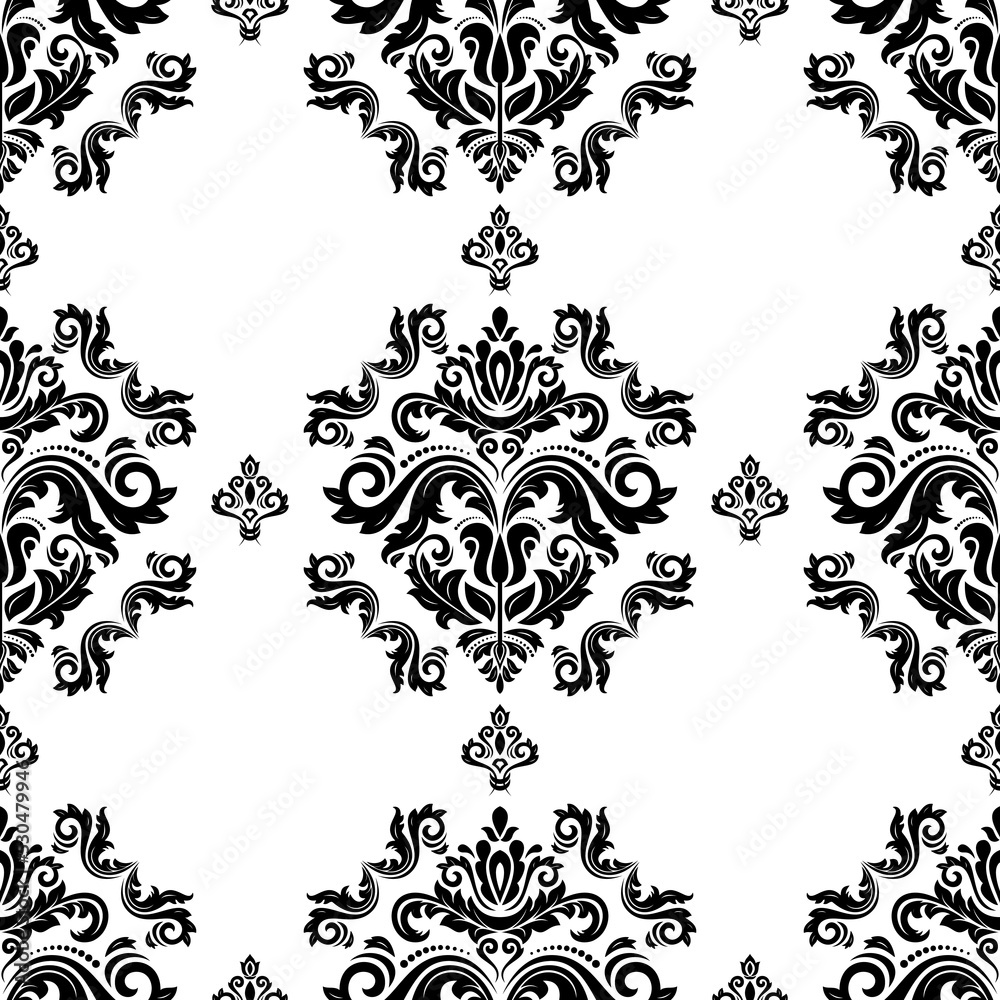 Classic seamless vector pattern. Damask orient ornament with black and white sqaures. Classic vintage background. Orient pattern for fabric, wallpapers and packaging