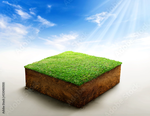 3D Illustration, cubical soil ground cross section with earth land and green grass, Soil layers. realistic 3D rendering ground ecology, cutaway terrain floor with rock isolated on blue sky background.