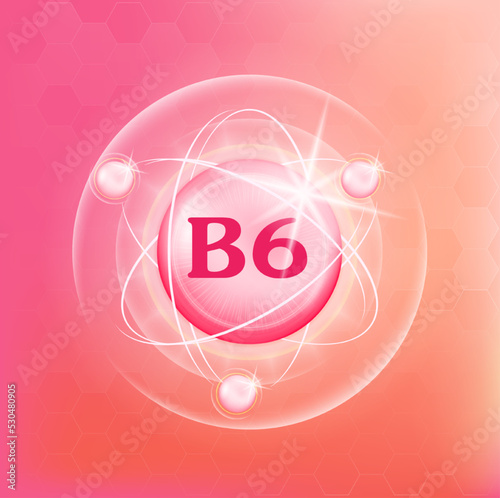 Vitamin B6 icon structure light pink substance. Medicine health symbol of thiamine. Drug business concept. Vector Illustration. 3D Vitamin complex with chemical formula. Personal care, beauty concept