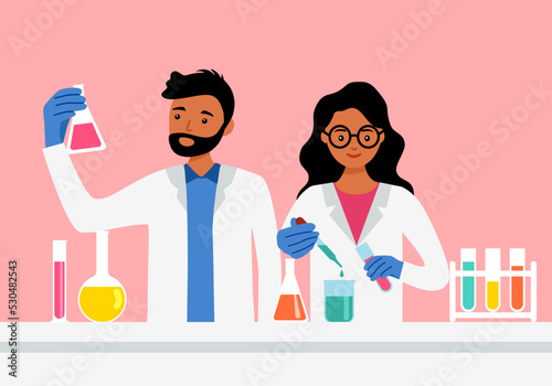 Scientists working in chemical laboratory in flat design. Analytical chemists doing research work.
