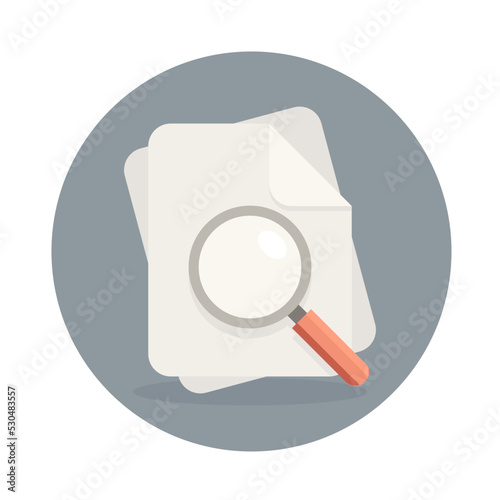Search documents icon. Document files and magnifying glass. Vector illustration in flat style