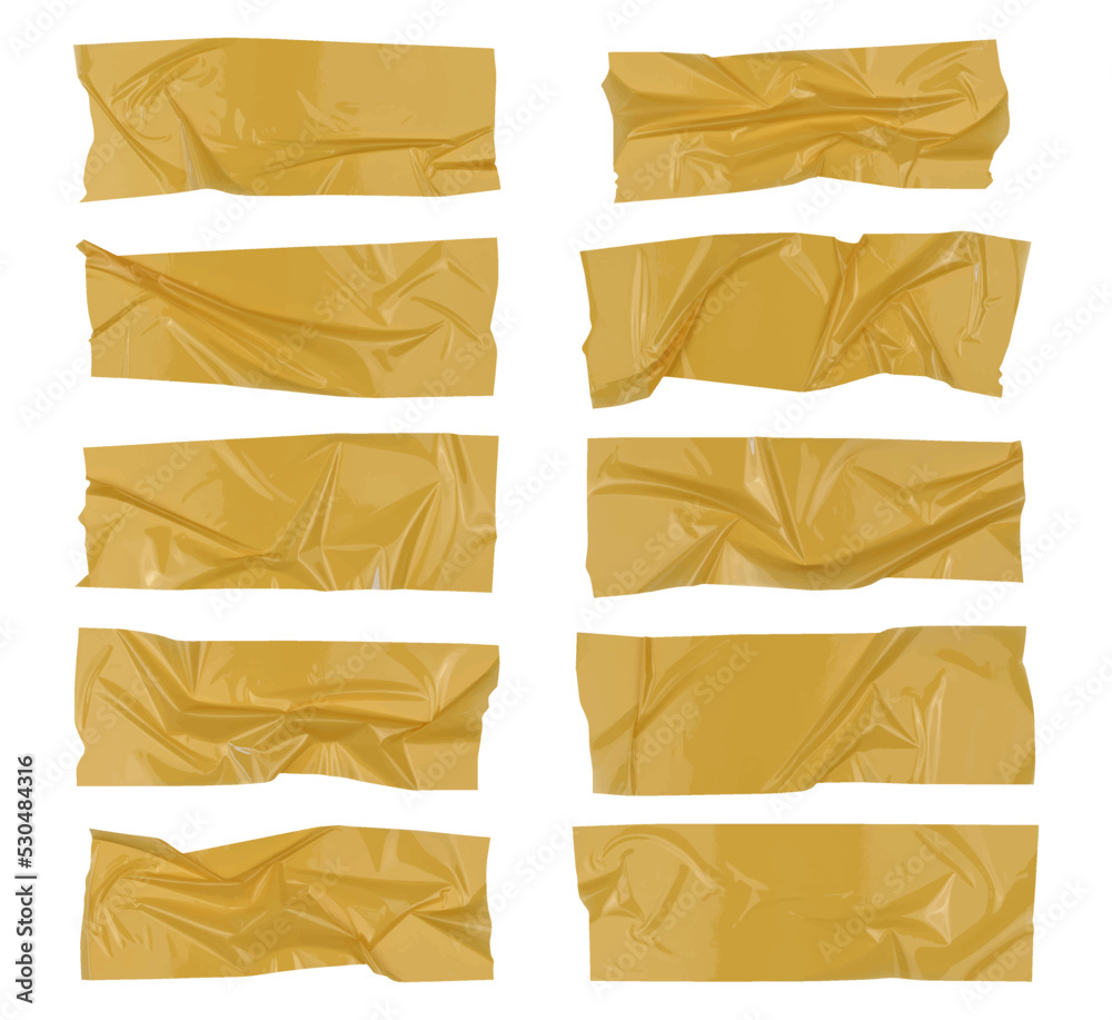 Yellow wrinkled adhesive tape isolated on white background. Yellow Sticky scotch tape of different sizes. Vector illustration.
