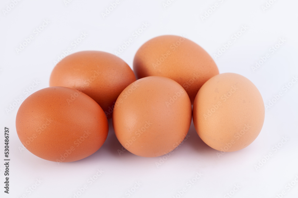 five eggs are placed on a white background with free space on right five eggs are placed on a white background with free space on right